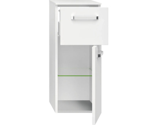 Bílá koupelnová vysoká skříňka se zásuvkou a dvířky