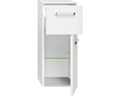 Bílá závěsná koupelnová skříňka se zásuvkou a skleněnou policí