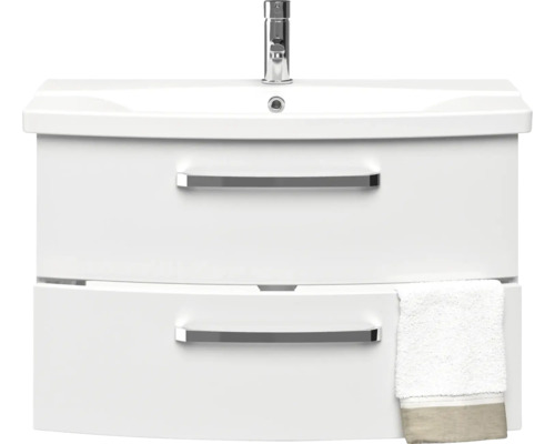 Bílá umyvadlová skříňka se dvěma zásuvkami a ručníkem