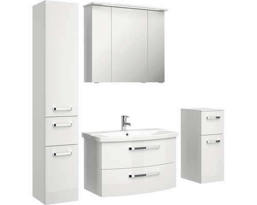 Bílá koupelnová nábytková sestava se zrcadlovou skříňkou, umyvadlovou skříňkou, umyvadlem a skříněmi