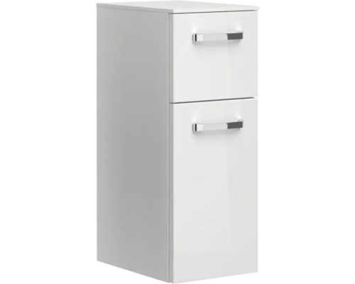 Bílá koupelnová vysoká skříňka se dvěma zásuvkami a úchyty