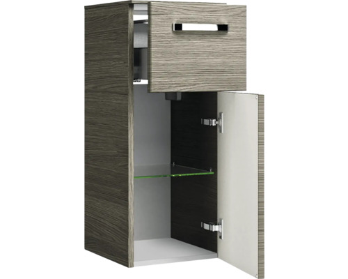 Otevřená závěsná koupelnová skříňka se zásuvkou a skleněnou policí