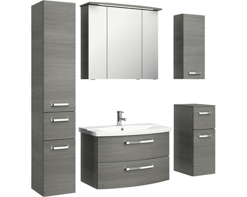 Sestava koupelnového nábytku s umyvadlem, zrcadlovou skříňkou a vysokými skříněmi