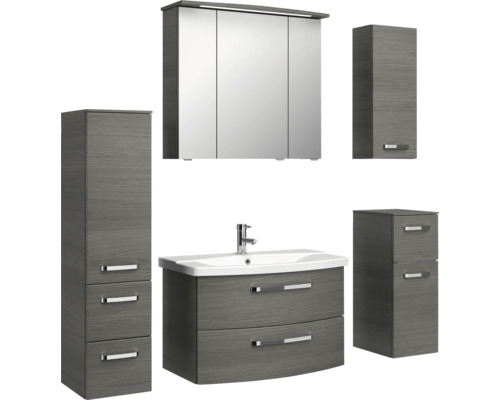 Sestava koupelnového nábytku s umyvadlovou skříňkou, zrcadlovou skříňkou a vysokými skříněmi