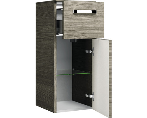 Vysoká skříňka se zásuvkou a dvířky a skleněnou policí