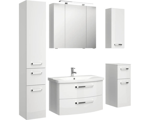 Bílá koupelnová sestava s umyvadlem, zrcadlovou skříňkou, závěsnou skříňkou a vysokou skříňkou
