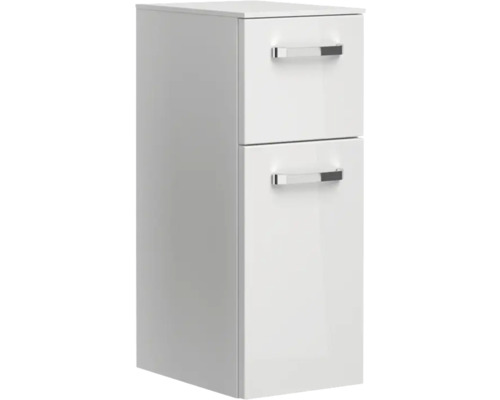 Bílá koupelnová vysoká skříňka se dvěma zásuvkami a úchyty