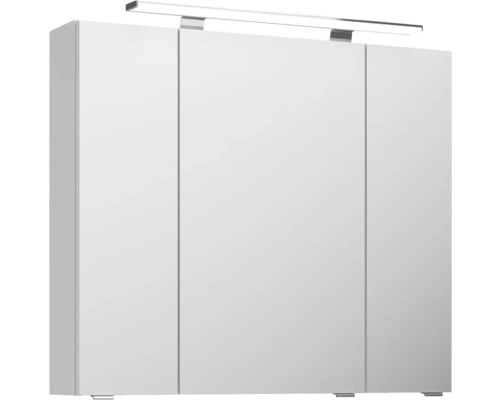 Bílá zrcadlová skříňka se třemi dvířky a osvětlením