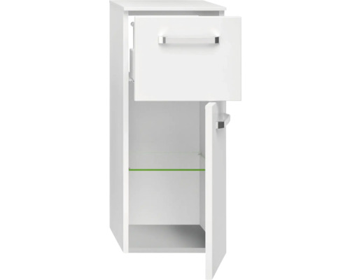 Bílá koupelnová skříňka s jednou zásuvkou a jedněmi dvířky, se skleněnou policí