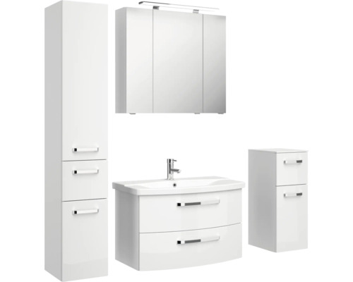 Koupelnová souprava se zrcadlovou skříňkou, umyvadlovou skříňkou, vysokou skříňkou a boční skříňkou