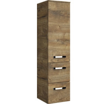 Vysoká skříňka se třemi zásuvkami v dřevěném designu do koupelny