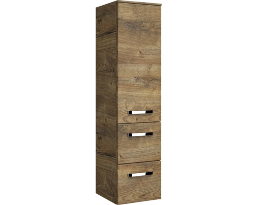 Vysoká skříňka se třemi zásuvkami v dřevěném designu do koupelny