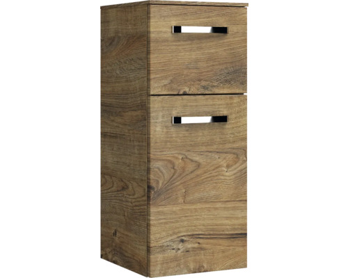 Vysoká skříň se dvěma zásuvkami v dřevěném designu do koupelny
