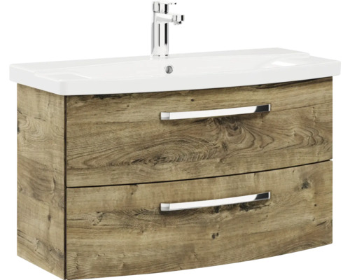 Skříňka pod umyvadlo se dvěma zásuvkami, vzhled dřeva a umyvadlo na desku