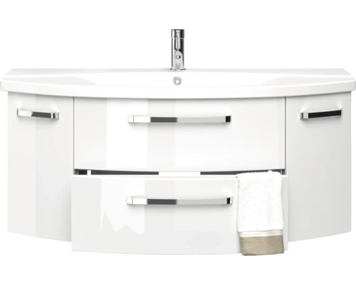 Bílá skříňka pod umyvadlo se dvěma zásuvkami, umyvadlem a baterií.