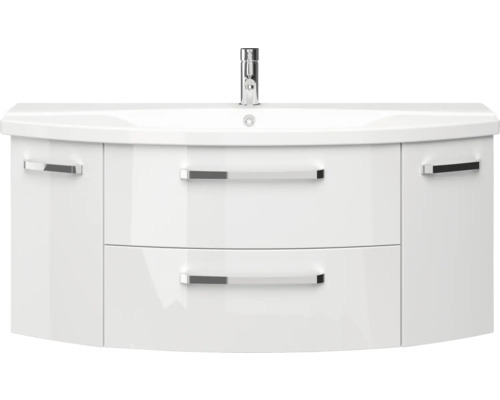 Bílá skříňka pod umyvadlo se dvěma zásuvkami a umyvadlem na desku