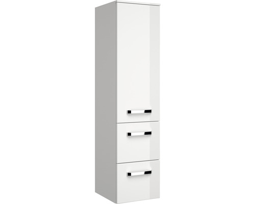 Závěsná koupelnová skříňka s vysokým leskem, jedněmi dvířky a třemi zásuvkami