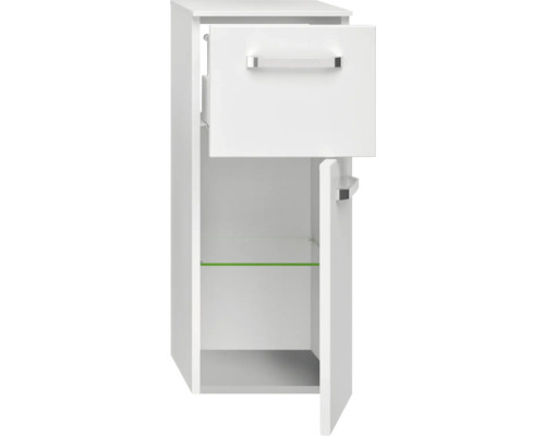 Otevřená, úzká koupelnová skříňka se zásuvkou a skleněnou policí