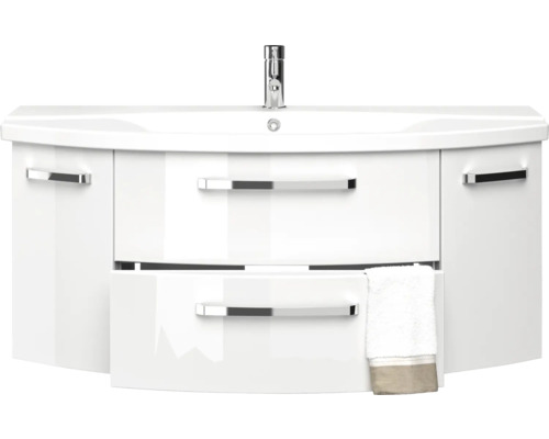 Bílá skříňka pod umyvadlo se zásuvkami a ručníkem