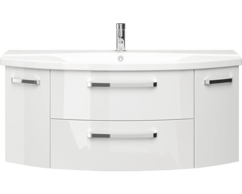 Bílá skříňka pod umyvadlo se dvěma zásuvkami a vodovodní baterií