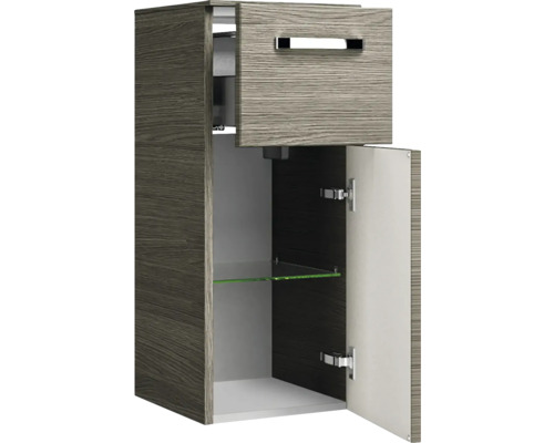 Vysoká skříňka se zásuvkou, otevřenými dvířky a skleněnou policí