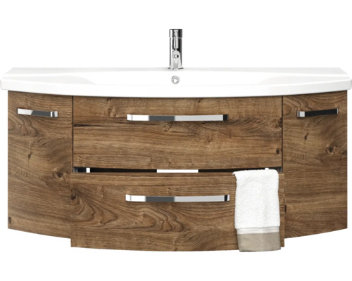 Skříňka pod umyvadlo ze dřeva s umyvadlem a ručníkem