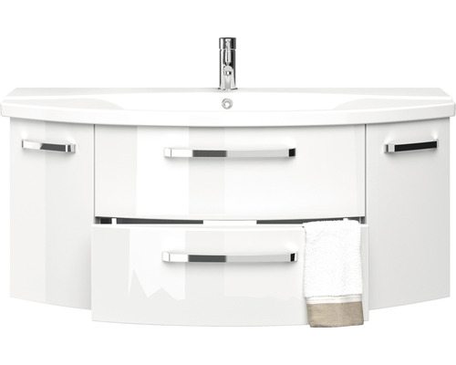 Bílá skříňka pod umyvadlo se dvěma zásuvkami, umyvadlem a baterií