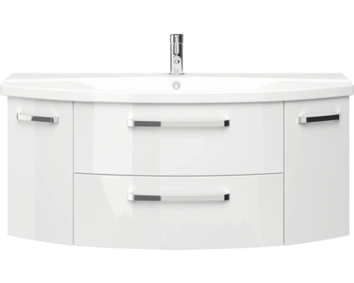 Bílá skříňka pod umyvadlo se dvěma zásuvkami a umyvadlem na desku včetně baterie.