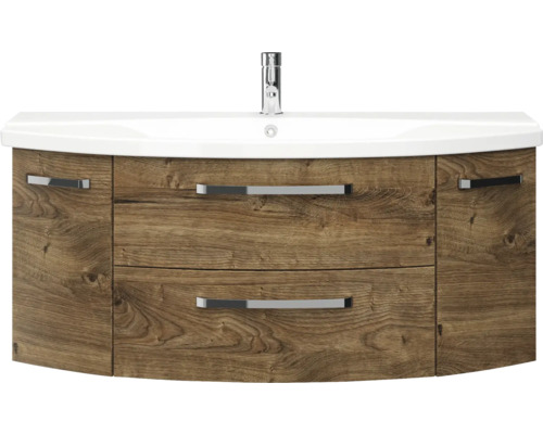 Skříňka pod umyvadlo s umyvadlem a dvěma zásuvkami ve vzhledu dřeva