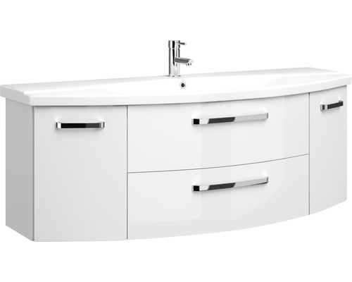 Bílá skříňka pod umyvadlo se dvěma zásuvkami a vodovodní baterií