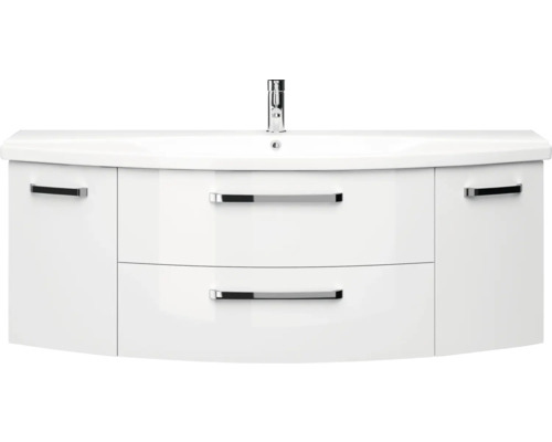 Bílá skříňka pod umyvadlo se dvěma zásuvkami a úchyty