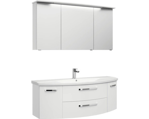 Bílá skříňka pod umyvadlo s umyvadlem na desku a zrcadlová skříňka