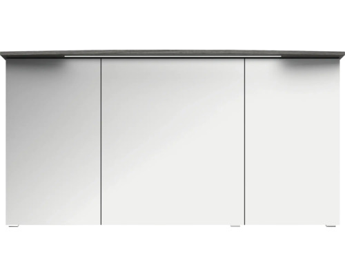 Bílá koupelnová skříňka se třemi dvířky a šedou horní deskou