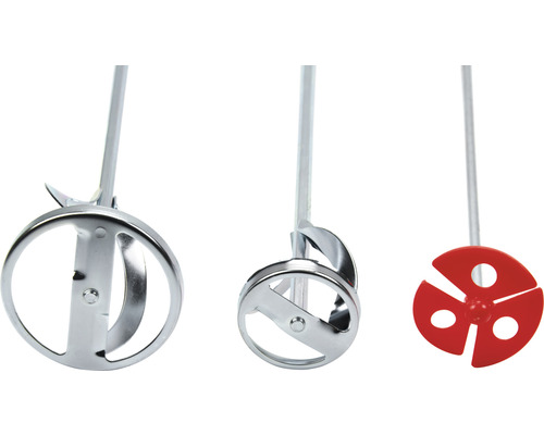 Tři míchadla s různými míchacími koši z kovu a plastu