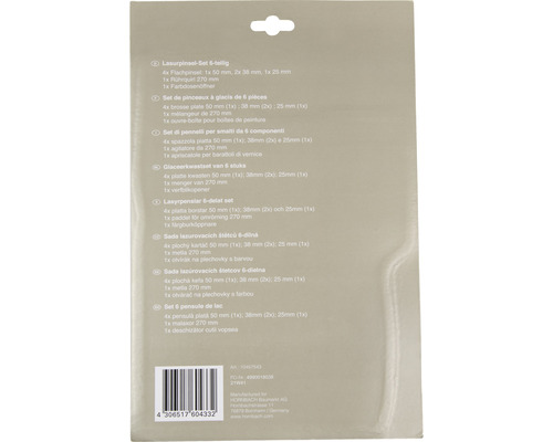 Sada lazurovacích štětců, šestidílná, se čtyřmi plochými štětci, míchadlem a otvírákem na plechovky s barvou