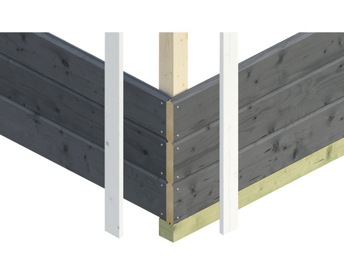 Rohový pohled na dřevěnou konstrukci s dřevěnou stěnou