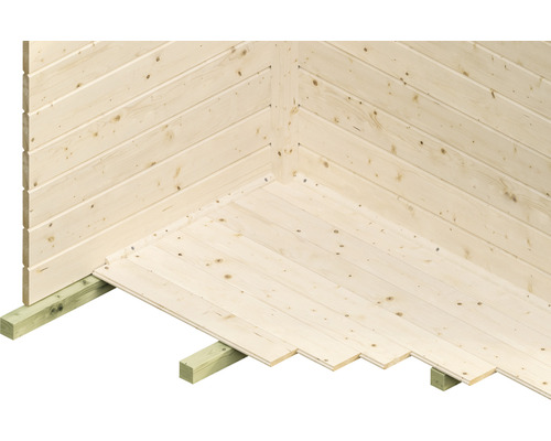 Rohová část dřevěného domu s podlahou a stěnou