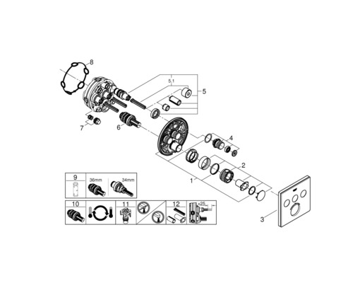 Rozkreslený nákres montážní sady koupelnové baterie s různými komponentami