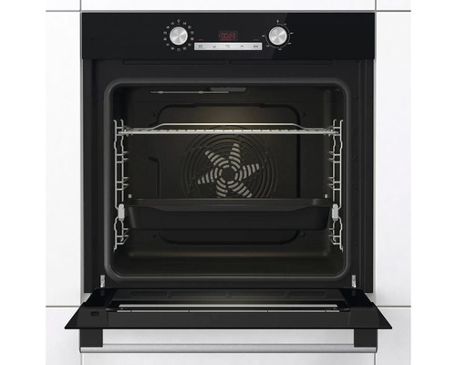 Vestavná trouba s otevřenými dvířky, vnitřek s plechem na pečení a roštem