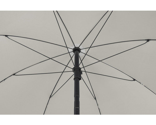 Pohled zespodu na otevřený slunečník s podpěrami a tyčí