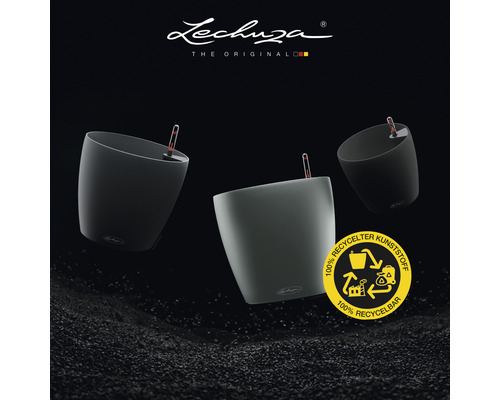 Tři květináče Lechuza a logo pro recyklovaný plast.