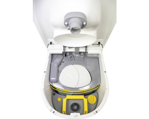 Přenosná toaleta s otevřeným víkem pro zobrazení interiéru.