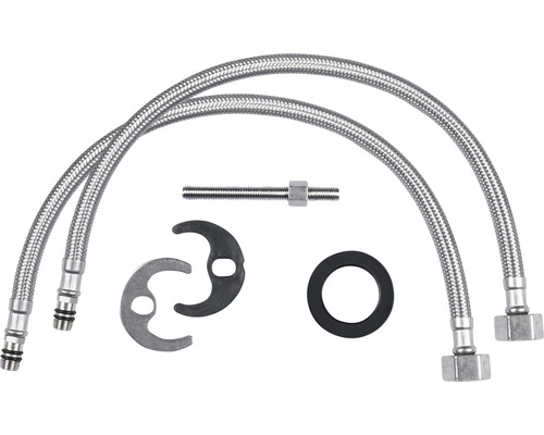 Připojovací sada pro umyvadla skládající se ze dvou pancéřových hadic, závitové tyče, rozet a těsnění