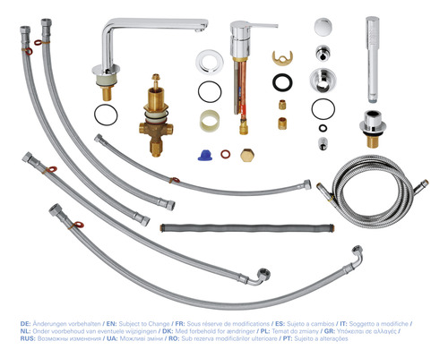 Komponenty pro vodovodní baterii, včetně hadic a těsnění