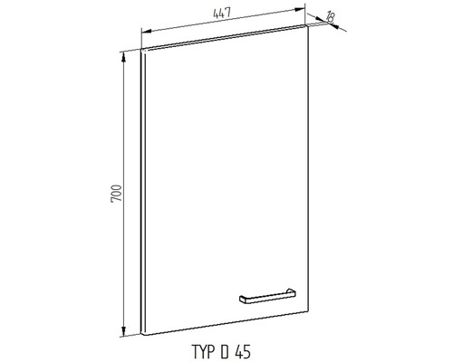 Technický nákres závěsné skříňky s rukojetí a rozměry.