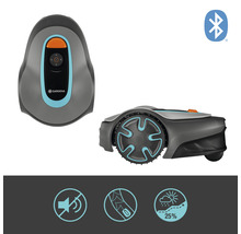 Robotická sekačka Gardena ve dvou pohledech a symbol Bluetooth