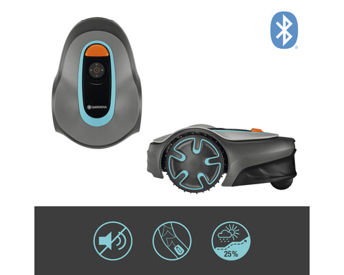 Robotická sekačka Gardena ve dvou pohledech a symbol Bluetooth