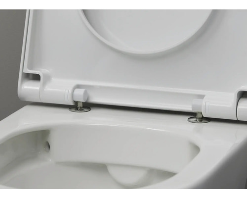 Detailní pohled na bílé záchodové prkénko s otevřeným víkem