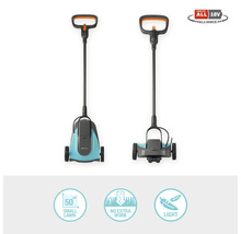 Dva pohledy na akumulátorový vyžínač Gardena pro malé trávníky