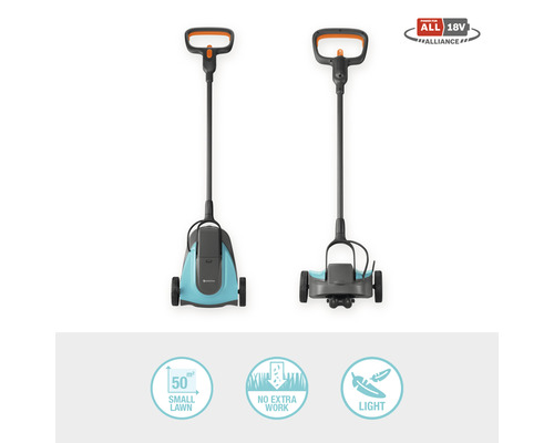 Dva pohledy na akumulátorový vyžínač Gardena pro malé trávníky